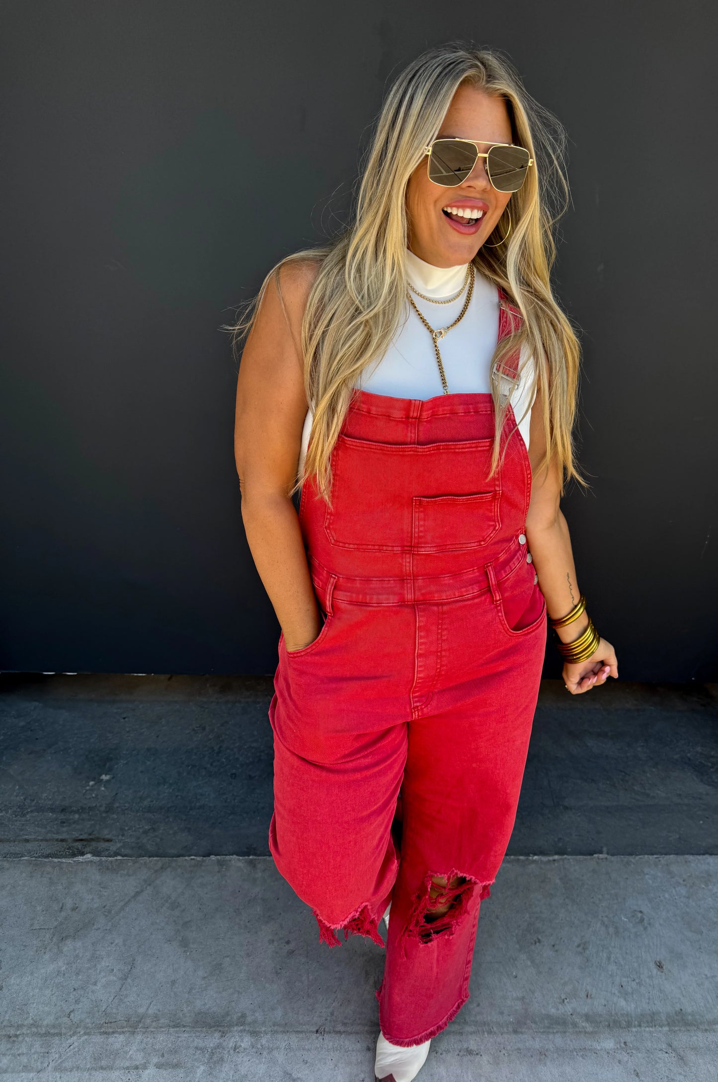 Dahlia Overalls - Vintage Red and Evergreen