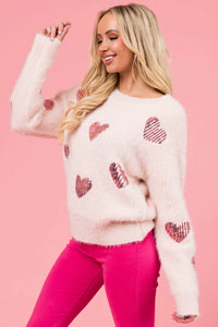 Sequin Heart Eyelash Sweater- Blush