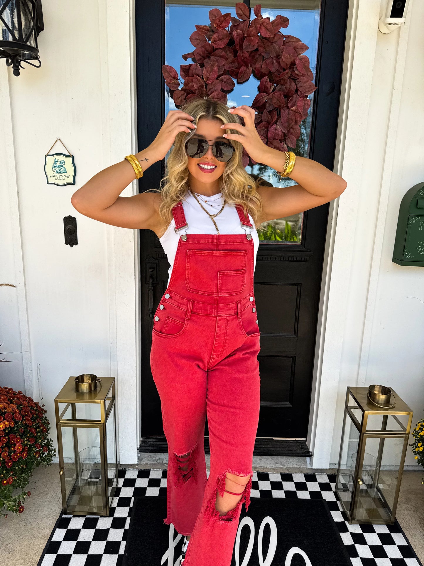 Dahlia Overalls - Vintage Red and Evergreen