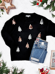 Holly Jolly Sweater - gold and silver trees