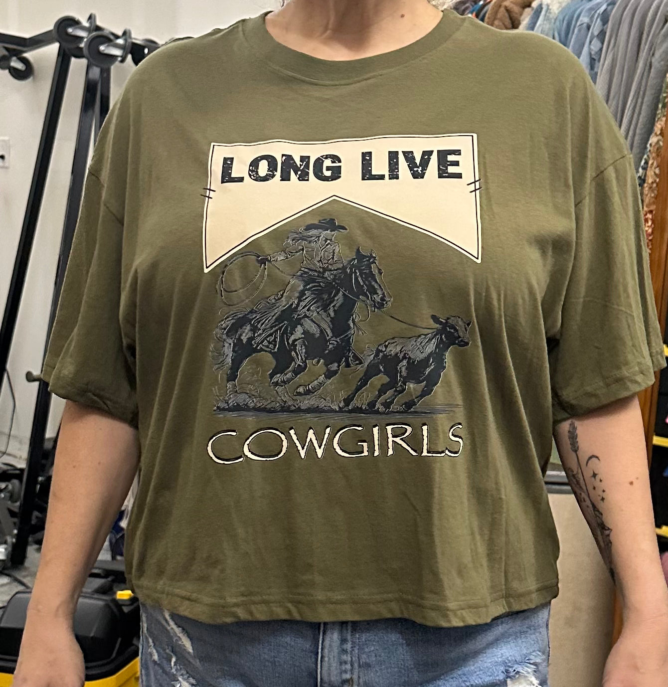 Long Live Cowgirls Boxy  Tee- Dried Tobacco/Olive
