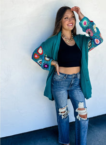 Crocheted Sleeve Cardigan- Teal