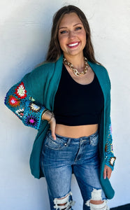 Crocheted Sleeve Cardigan- Teal