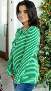 Harper Henley Top - White & Green Stripes