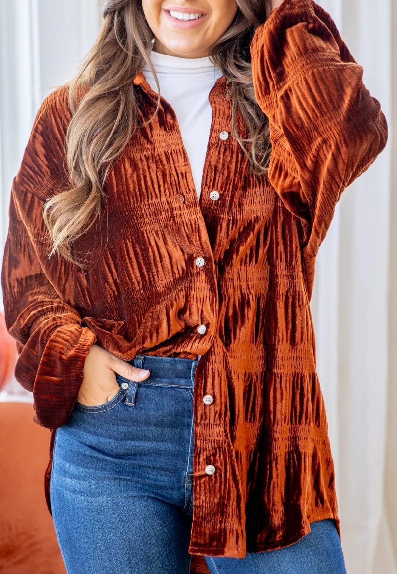 Tiered Shirring Velvet Top- Dark Cinnamon