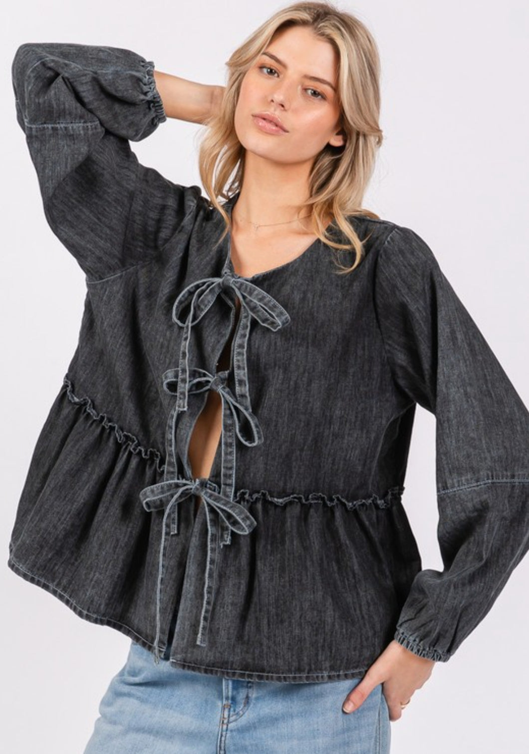 Denim Ruffle Tie Front Top- Black