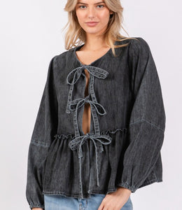 Denim Ruffle Tie Front Top- Black