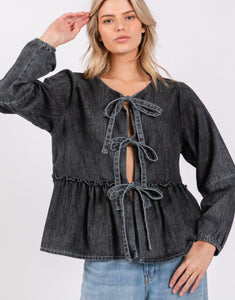 Denim Ruffle Tie Front Top- Black