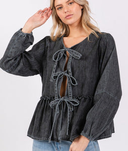 Denim Ruffle Tie Front Top- Black