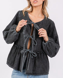 Denim Ruffle Tie Front Top- Black