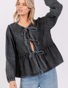 Denim Ruffle Tie Front Top- Black