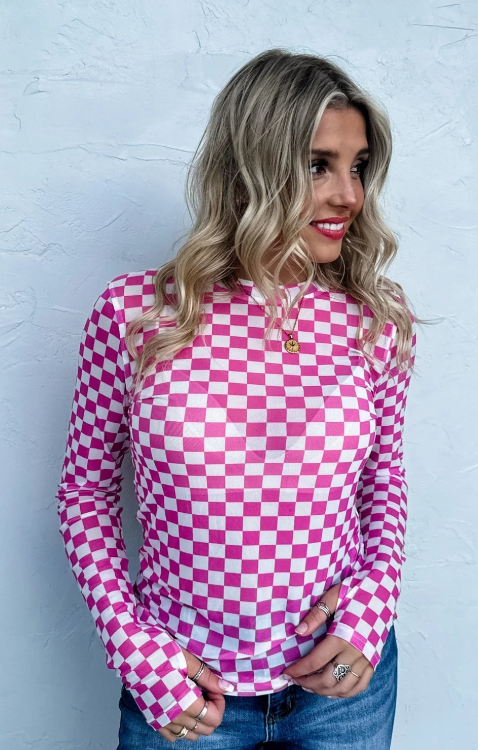 Dress It Up Mesh Top- Pink Check