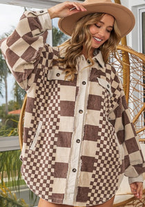 Checked Around Town Corduroy Shacket- Mocha