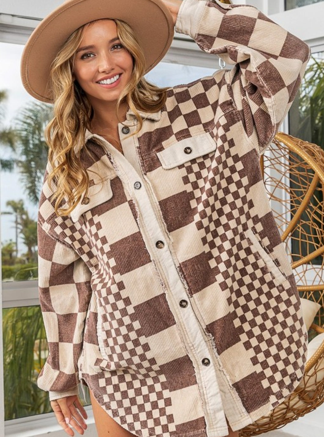 Checked Around Town Corduroy Shacket- Mocha