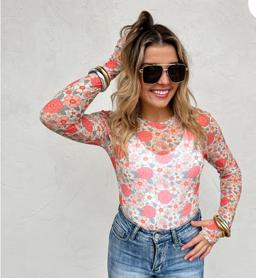 Vintage Floral Mesh Top- Pink