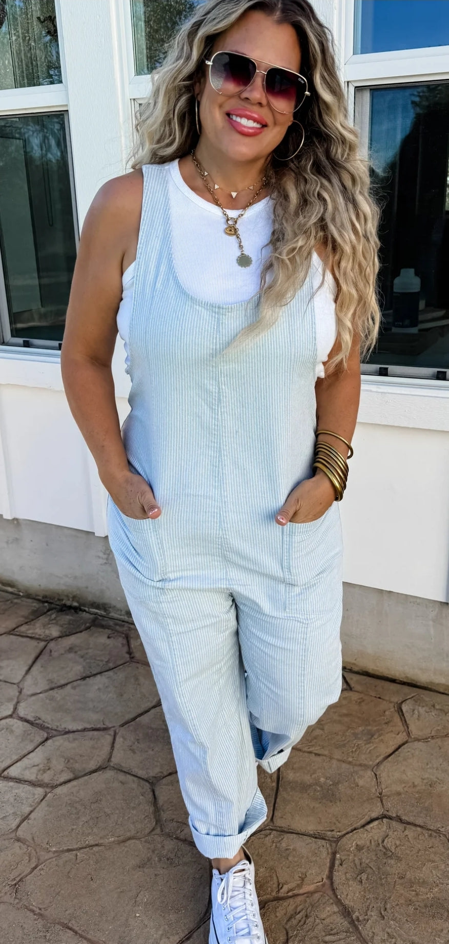 Blakeley Britte Romper/ Overalls- Light Stripe