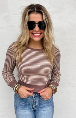 Rayna Waffle Stripe Top- Coffee