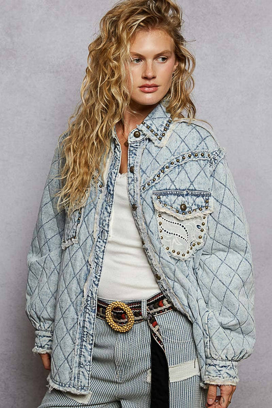 Long sleeve Western-inspired yoke studded lace panel jacket