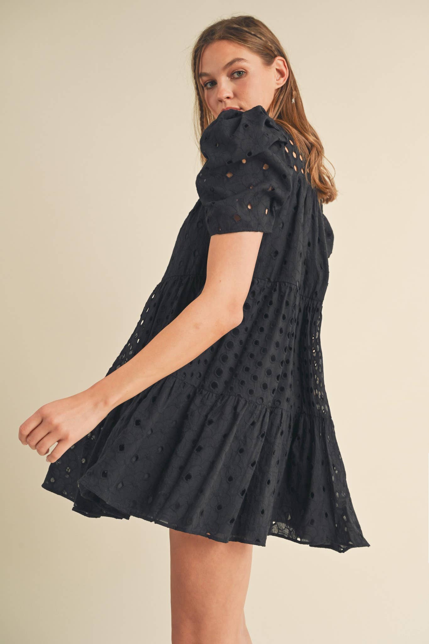 Eyelet Mini Dress- Black