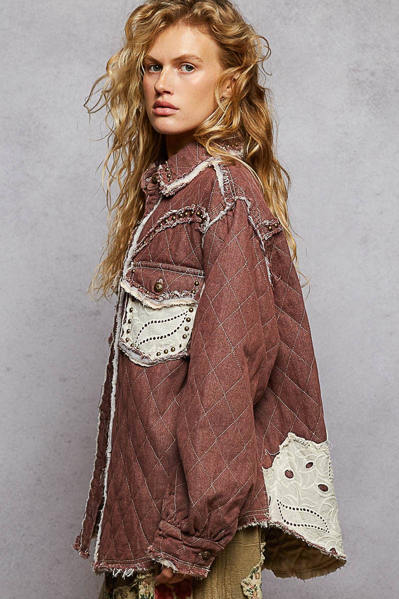 Long sleeve Western-inspired yoke studded lace panel jacket