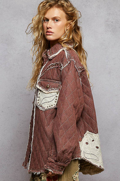 Long sleeve Western-inspired yoke studded lace panel jacket