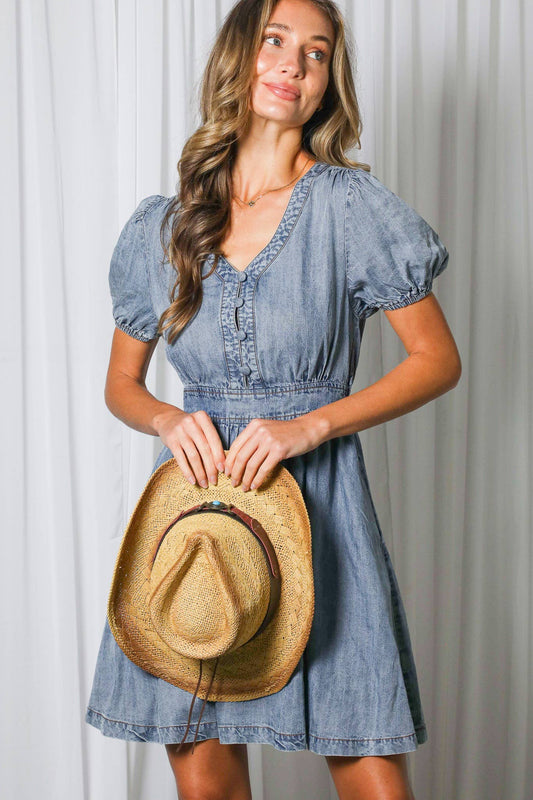 Puff Sleeve Tencel Chambray Denim Dress