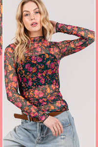 FLORAL MESH LONG SLEEVE TURTLE NECK