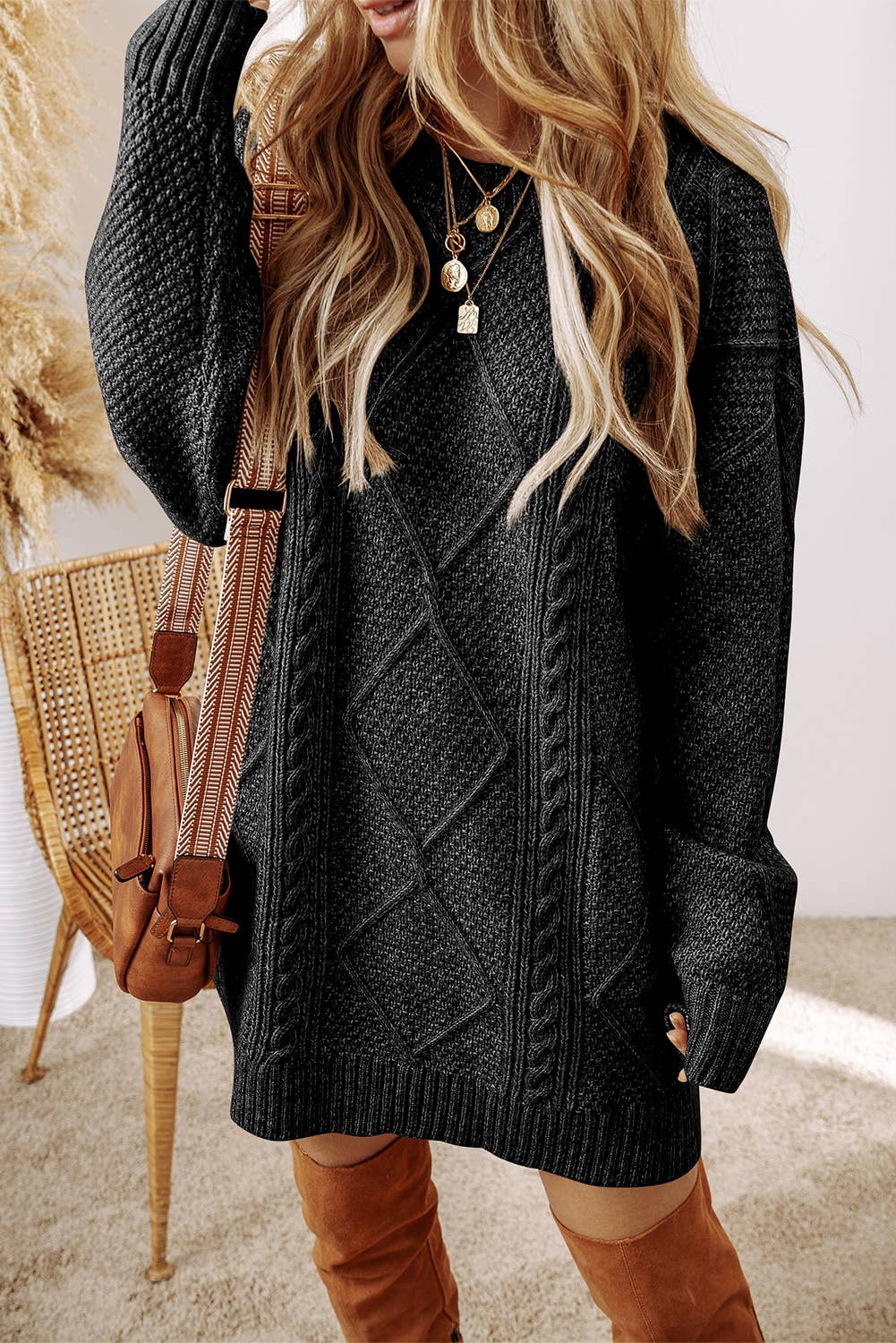 McKenna Cable Knit Drop Shoulder Loose Fit Sweater Dress