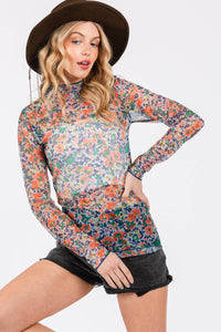 FLORAL MESH LONG SLEEVE TURTLE NECK