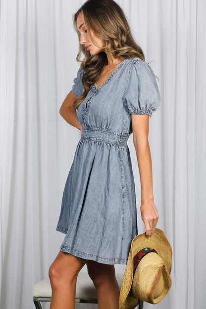 Puff Sleeve Tencel Chambray Denim Dress