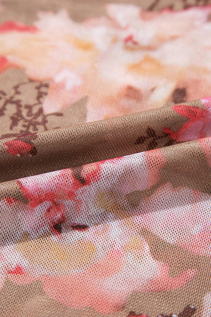 Chocolate with Red Floral Print Mesh Top