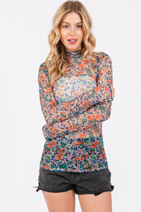 FLORAL MESH LONG SLEEVE TURTLE NECK