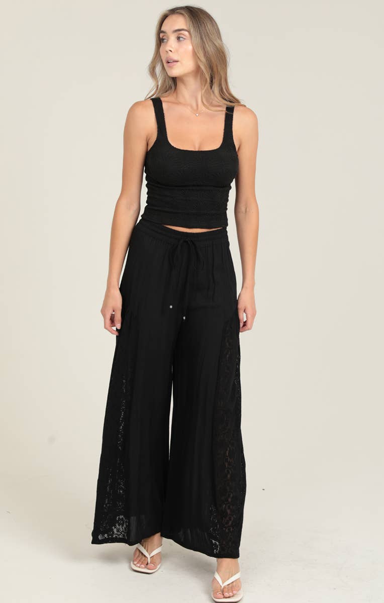 Night Out Lace Wide Leg Pant- Black