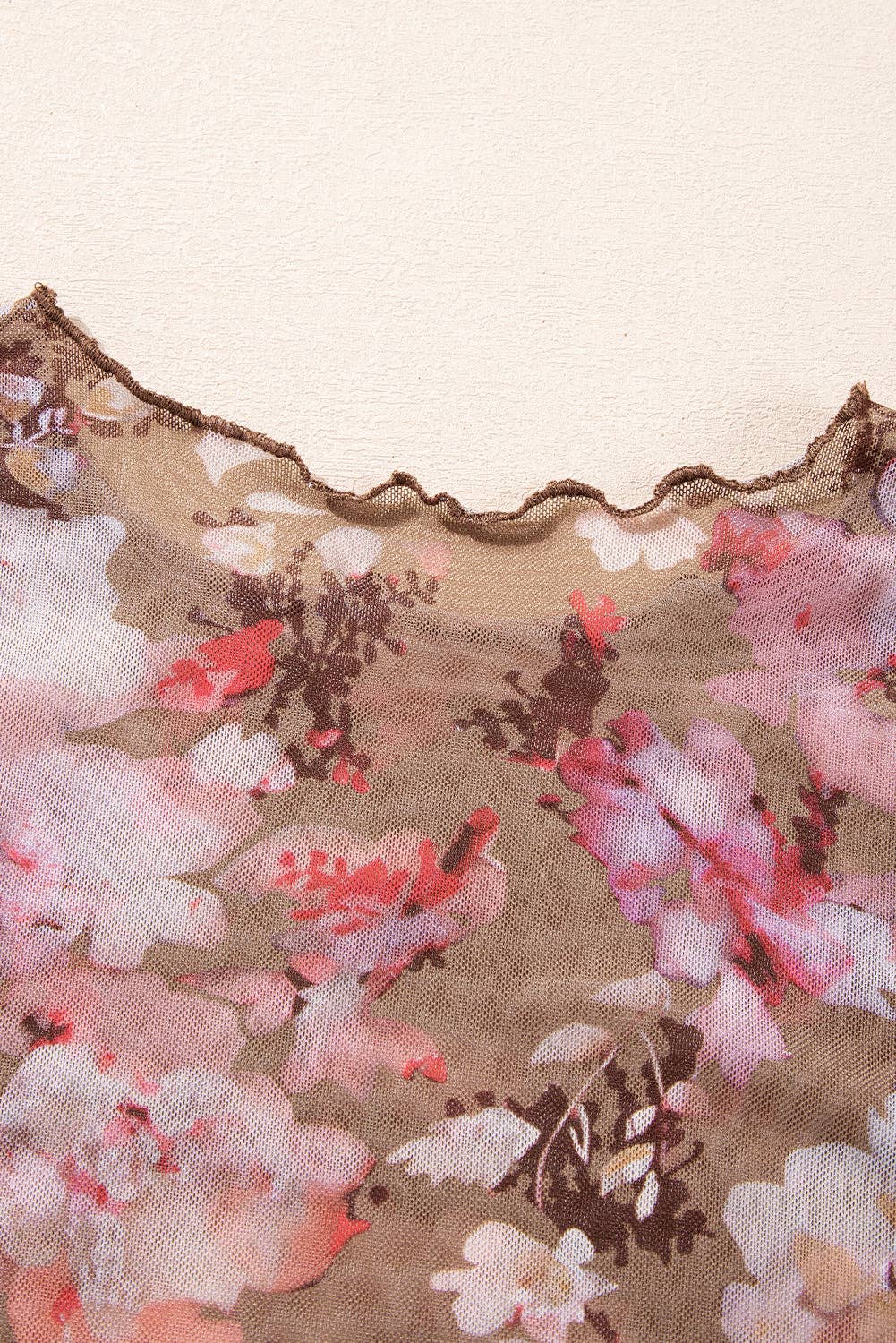 Chocolate with Red Floral Print Mesh Top