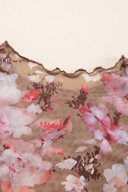 Chocolate with Red Floral Print Mesh Top