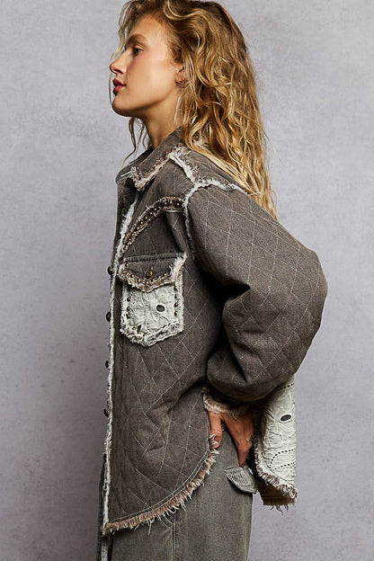 Long sleeve Western-inspired yoke studded lace panel jacket