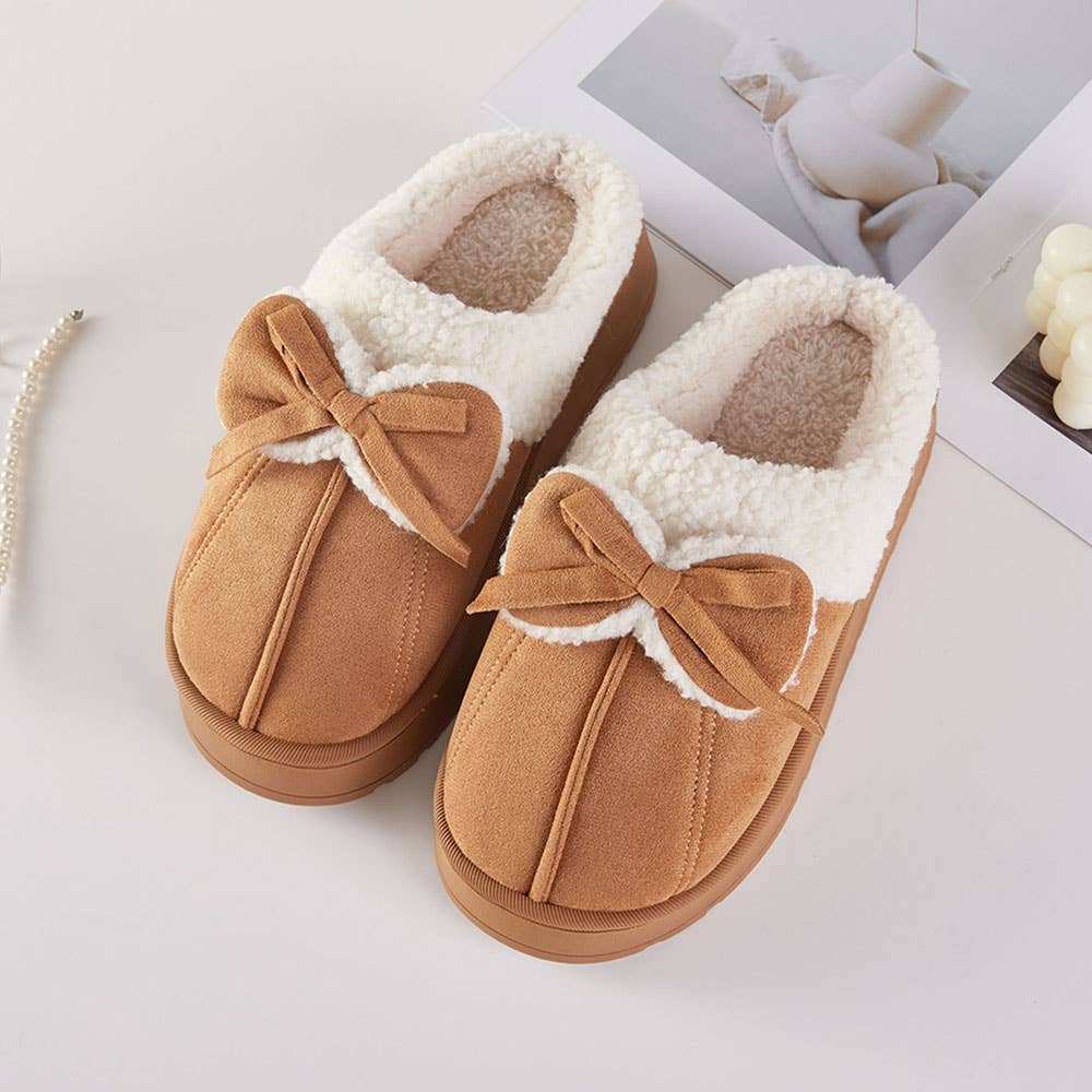 Bow Accent Fuzzy Plush Home Indoor Floor Slippers