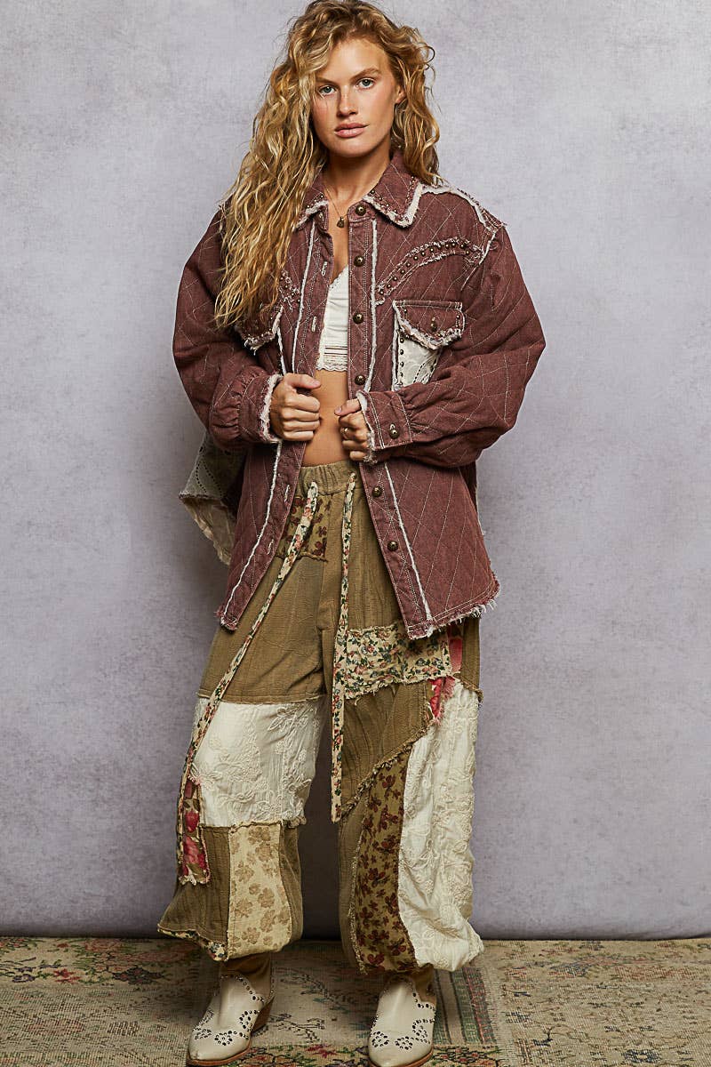 Long sleeve Western-inspired yoke studded lace panel jacket