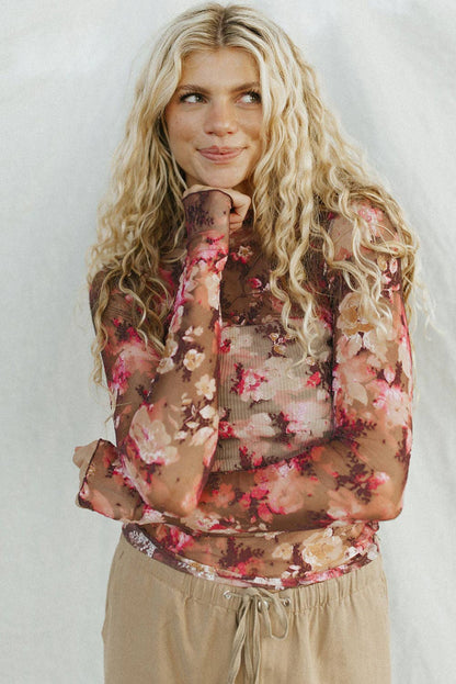 Chocolate with Red Floral Print Mesh Top