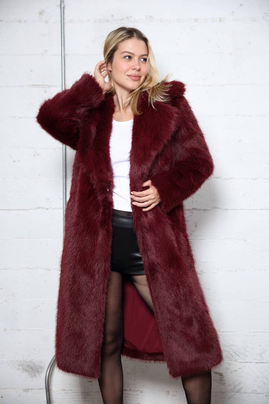 Merlot Long Hair Faux Fur Overcoat