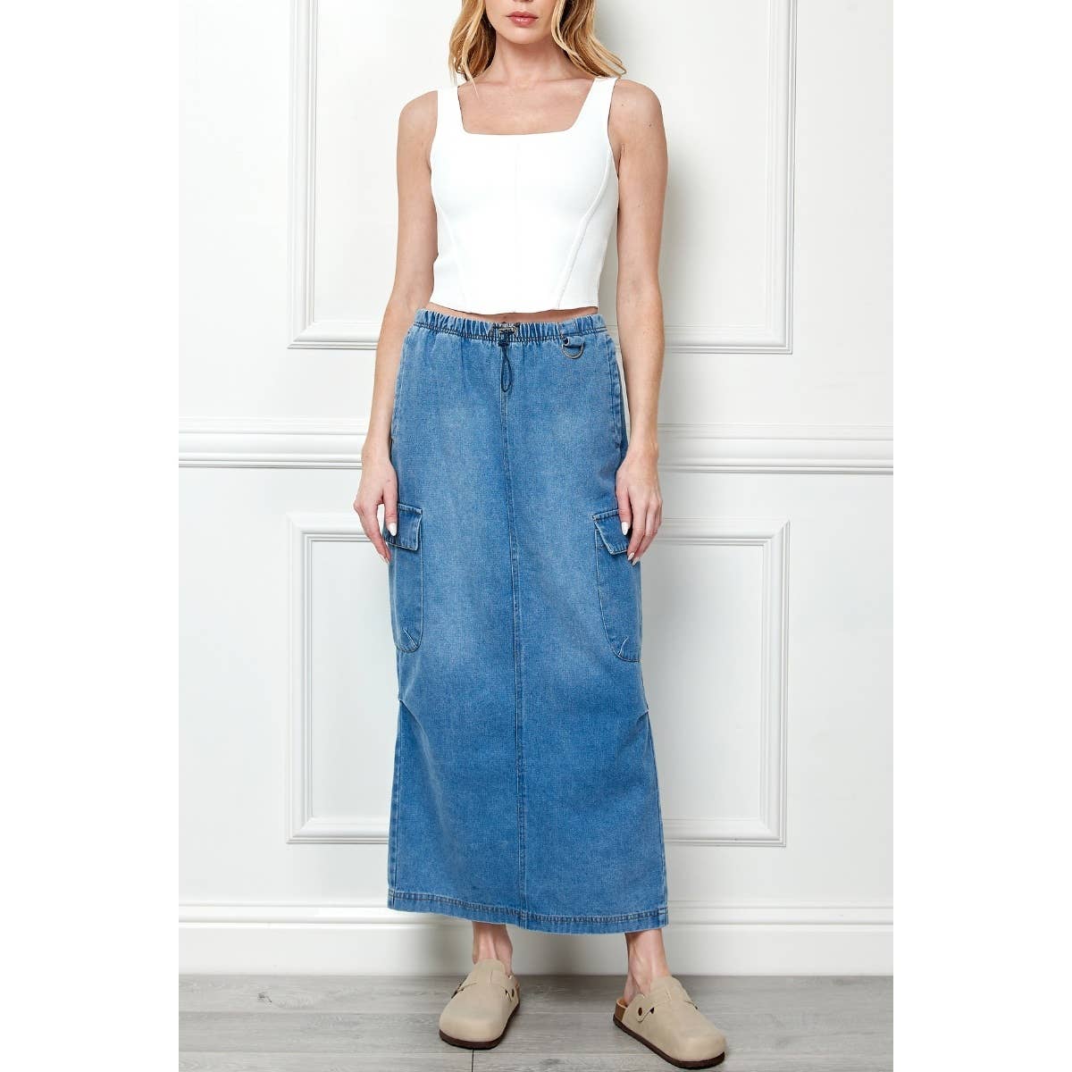 Long Denim Cargo Skirt