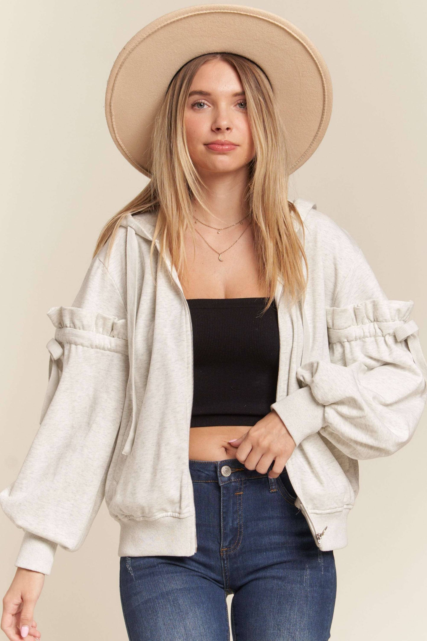 Jessica Ruffle Tie Sleeve Full Zip