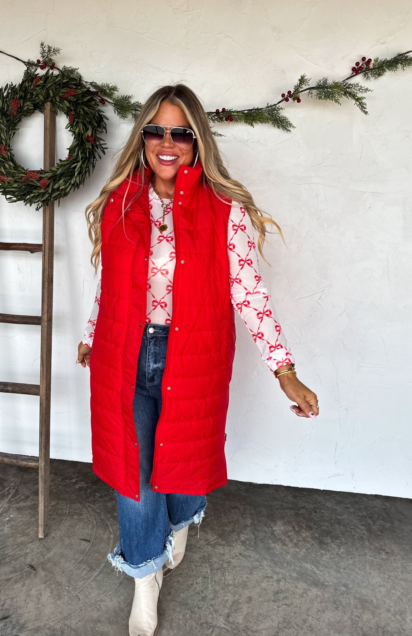 Kendall Long Puffer Vest-Red