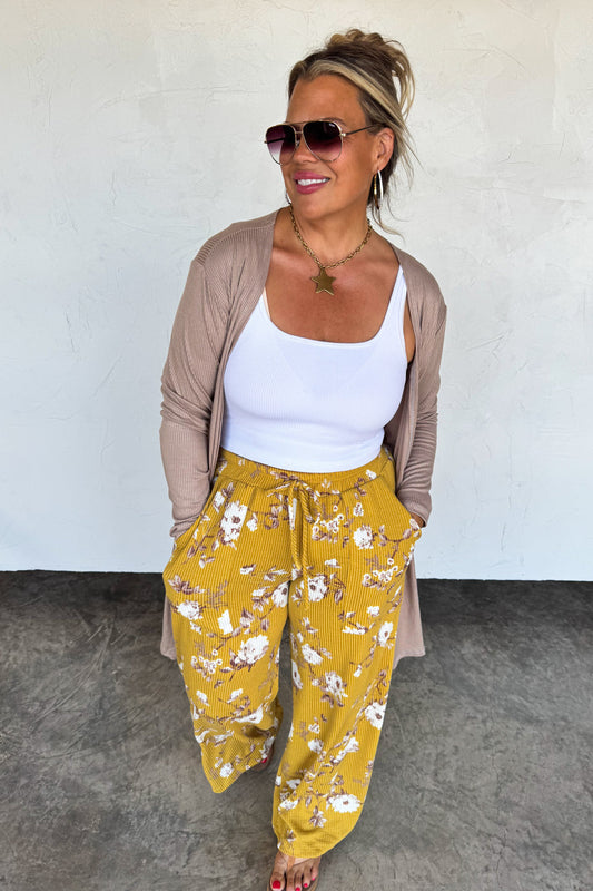 Haddie Wide Leg Floral Pant- Mustard