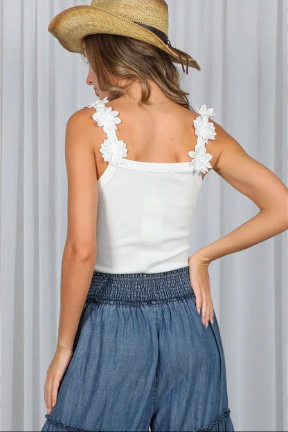 Sweet Floral Accent Tank- White