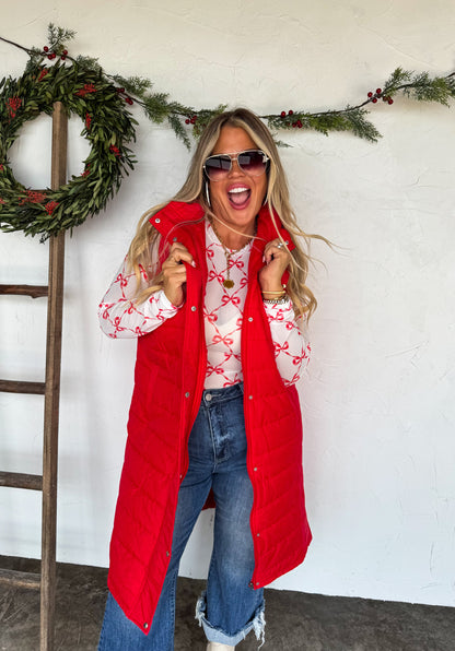 Kendall Long Puffer Vest-Red