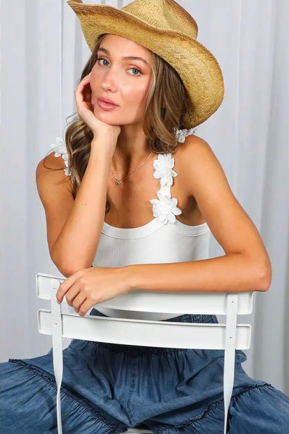 Sweet Floral Accent Tank- White
