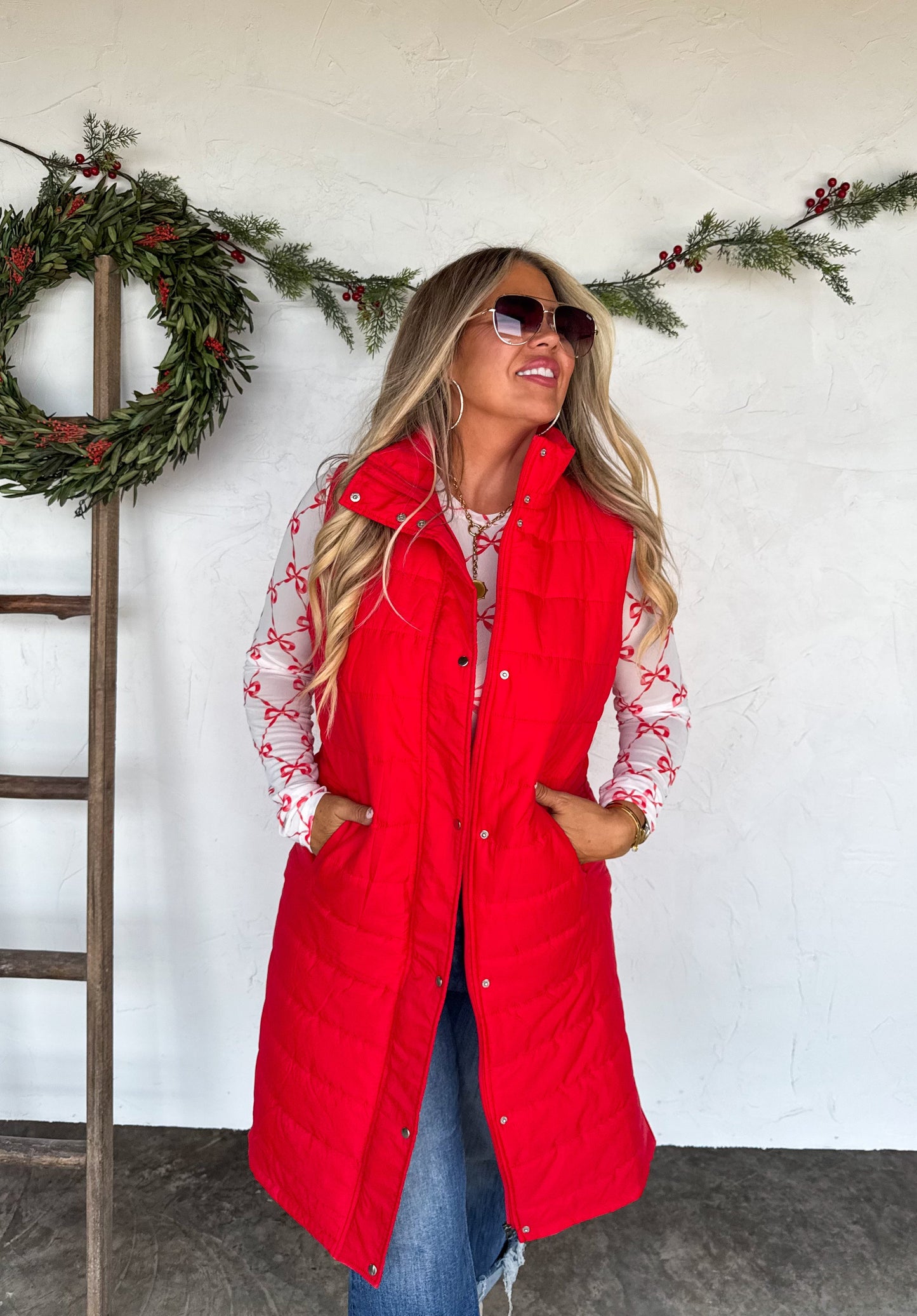 Kendall Long Puffer Vest-Red