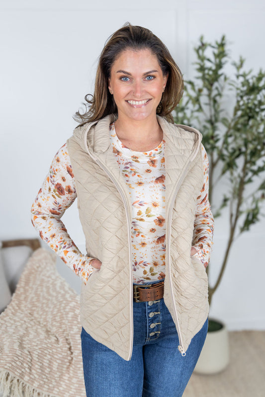 Heather Hooded Quilt Vest- Beige