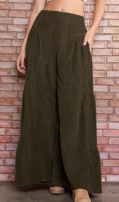 Kendall Wide Leg Corded Pant- Olive